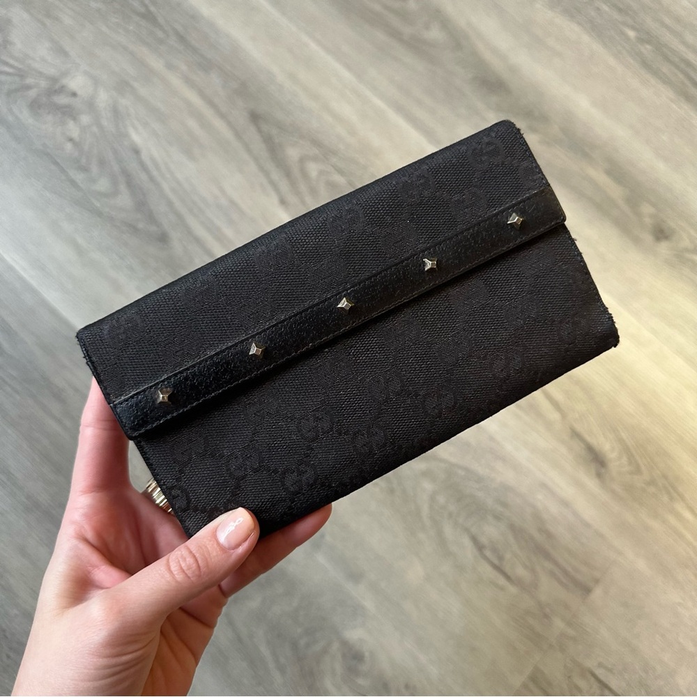 GUCCI Vintage GG Logo Canvas and Leather Flap Studded Long Wallet
